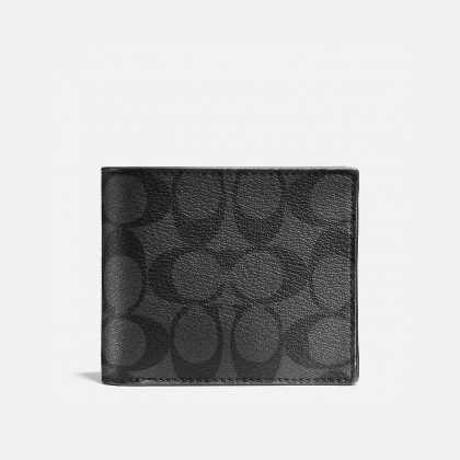 COACH  Compact Id Wallet In Signature Canvas/ Color: Charcoal/Black
